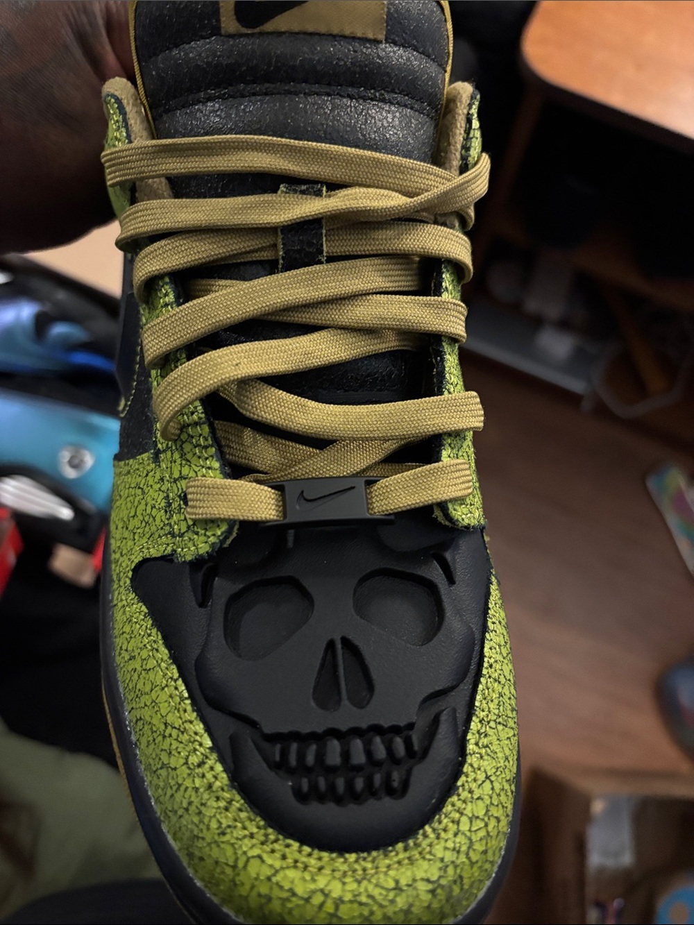Nike Lime Green and Black Crackle Low-Top Sneakers with Tan  Halloween skull